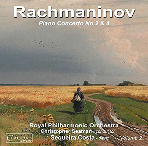 Rachmaninov Piano Concertos album cover with landscape painting and text.