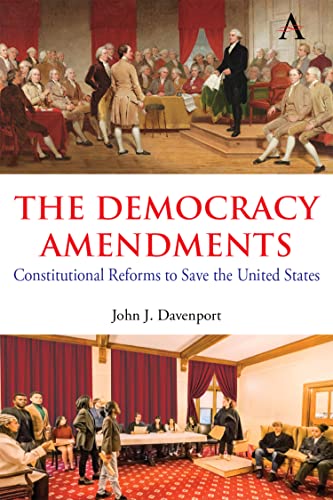 Book cover: “The Democracy Amendments” with historical and modern scenes.