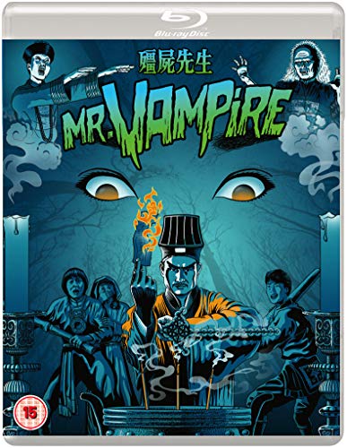 Blu-ray cover art for Mr. Vampire featuring a Taoist priest and leaping vampires.