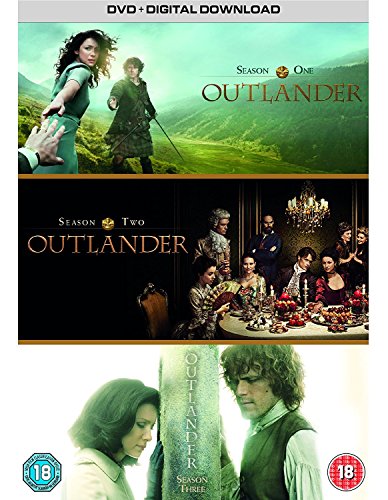 Outlander" Seasons 1-3 DVD cover featuring characters and landscapes.