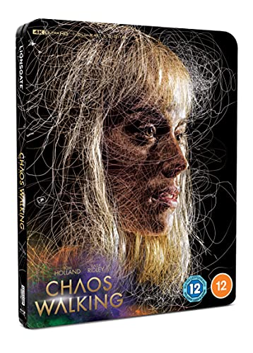 Chaos Walking steelbook case featuring a portrait of a woman obscured by white scribbles.