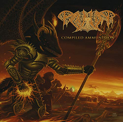 CD cover art: armored, horned figure with a staff in a fiery landscape.