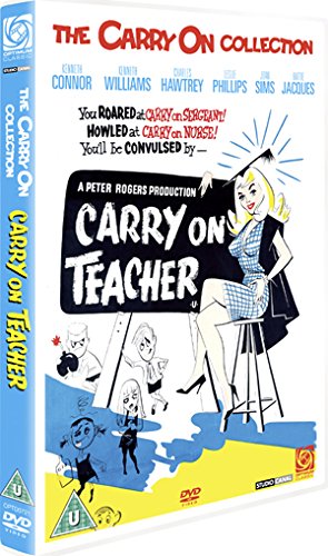 DVD cover for “Carry On Teacher” featuring cartoon and illustrated characters.