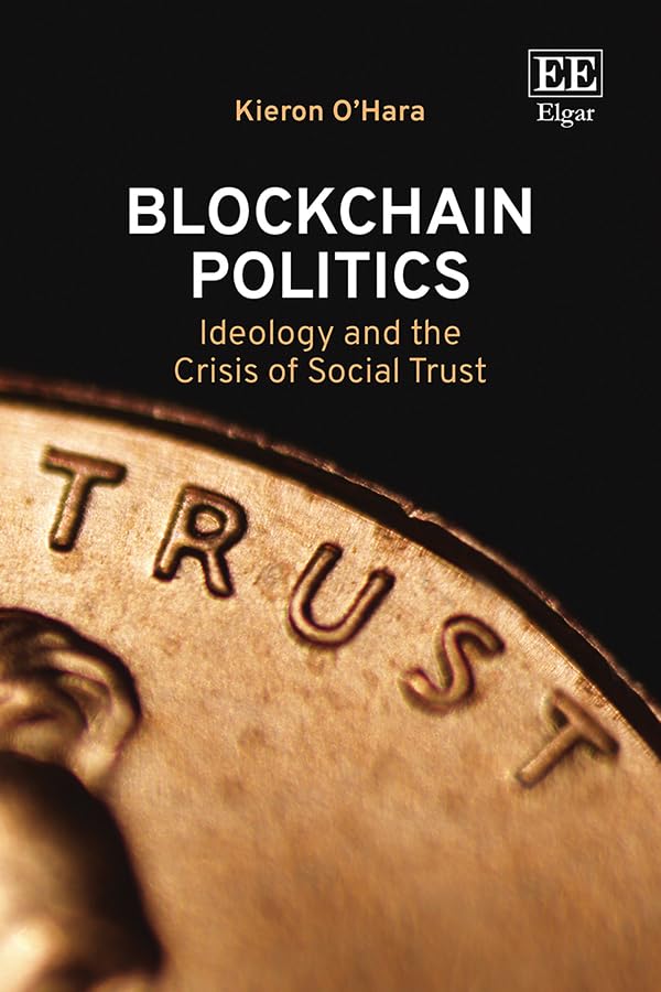 Book cover titled Blockchain Politics with a close-up image of the word TRUST.