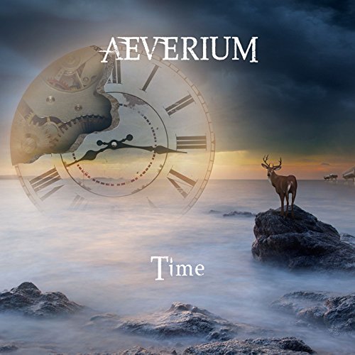 CD cover: clock face, deer on rocks, misty ocean, text “Aeverium Time”.