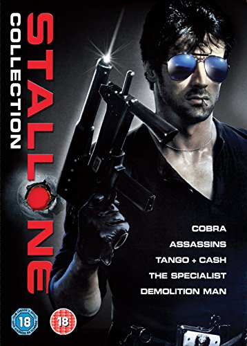 Sylvester Stallone wearing sunglasses and holding a machine gun on a DVD cover.