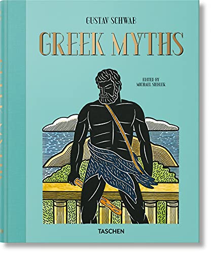 Book cover titled Greek Myths featuring a stylized illustration of a man on teal.