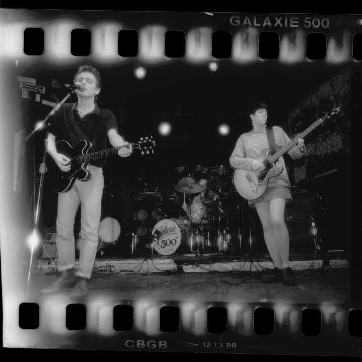 Black and white photo of Galaxie 500 performing live at CBGB, 1988.