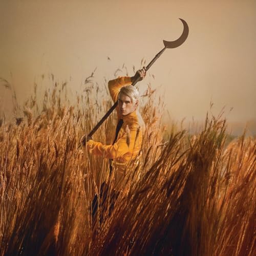 Person with pale hair holds a curved blade in a field.