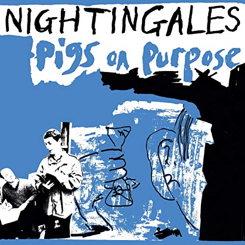 The Nightingales" album cover, blue background, with sketched figures and text.