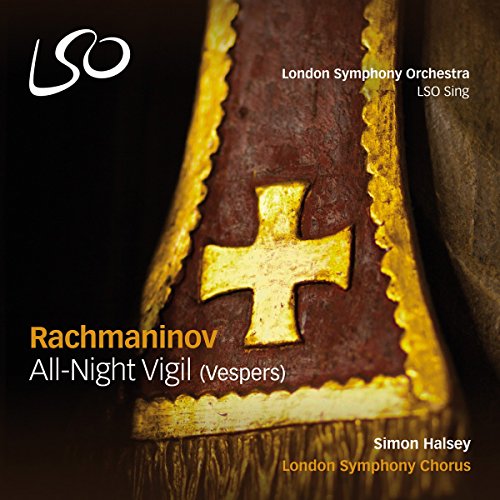 CD cover: golden cross on red fabric, text “Rachmaninov All-Night Vigil.”