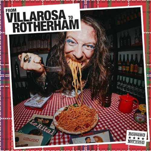 CD cover: Man with spaghetti, books, and a red-checkered background.