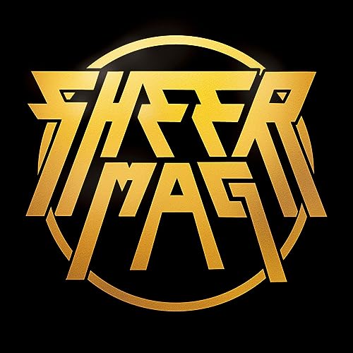 Gold "Sheer Mag" logo on black background, stylized retro lettering.