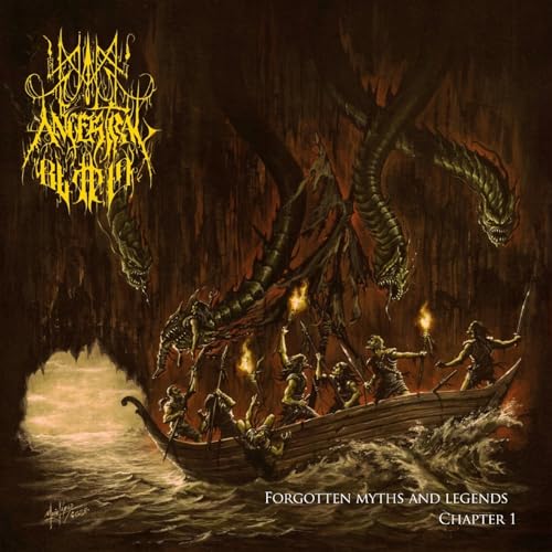 Dark fantasy illustration of a boat battling sea serpents in a cave.