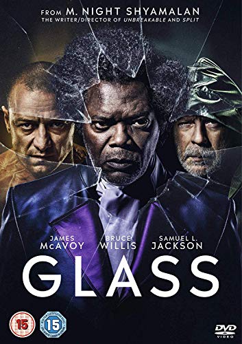 Glass" DVD cover featuring James McAvoy, Bruce Willis, and Samuel L. Jackson behind cracked glass.