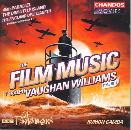 CD cover: Submarine silhouette, planes, fiery sky, "Film Music of Vaughan Williams.