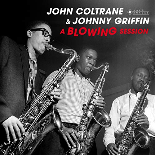 Black and white photo of John Coltrane, Johnny Griffin, and another saxophonist.
