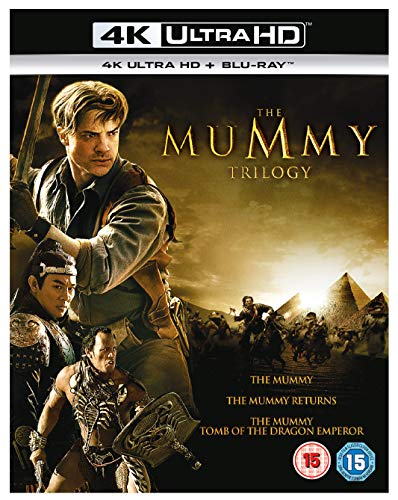 The Mummy Trilogy 4K Ultra HD and Blu-ray cover featuring cast members and pyramids.