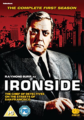 DVD cover for Ironside Season 1 featuring Raymond Burr against a red city skyline.