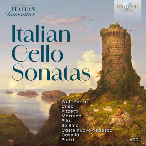 CD cover for "Italian Cello Sonatas" featuring a coastal tower landscape.