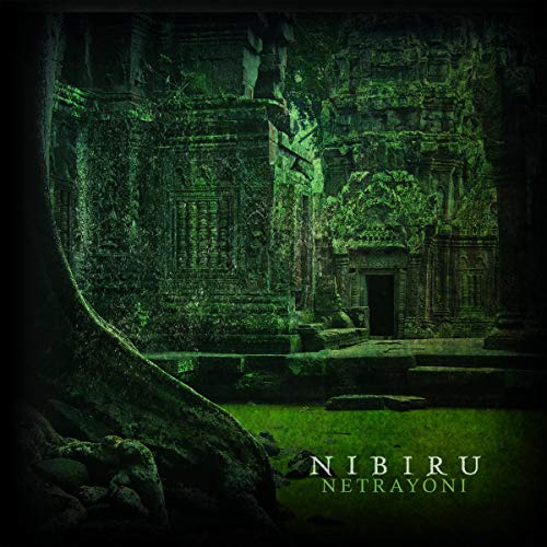 Ancient stone temple ruins overgrown with lush green vegetation and text.