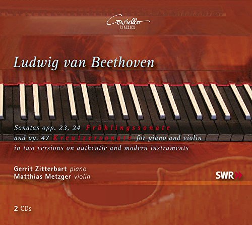 CD cover for Beethoven’s sonatas featuring a piano keyboard and violin.