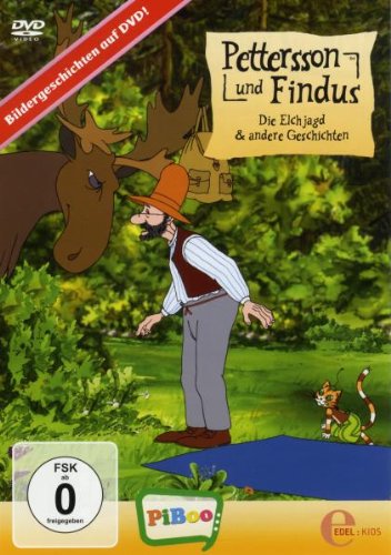 DVD cover featuring Pettersson, Findus the cat, and a moose in a forest.