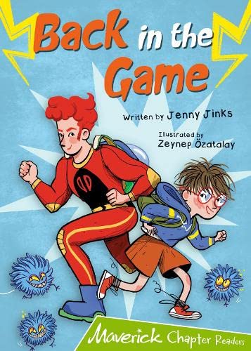 Book cover: two boys in superhero costumes running from monsters.