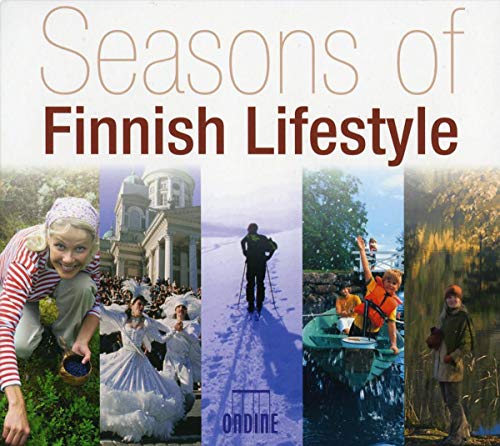 CD cover depicting Finnish scenes: foraging, city, skiing, boating, autumn walk.