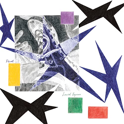 Album cover with sketched shoe, stars, and colorful geometric shapes.