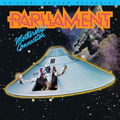 Parliament’s “Mothership Connection” album cover featuring a spaceship and figure.