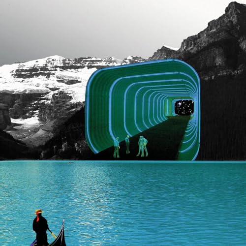 A person in a boat on a lake faces a glowing green tunnel in mountains.