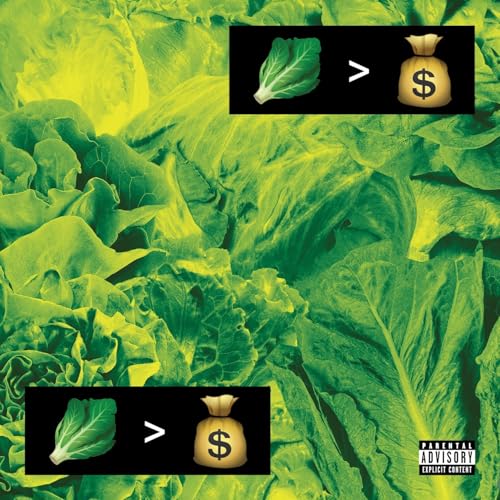 Green lettuce background with vegetable and money bag comparisons.