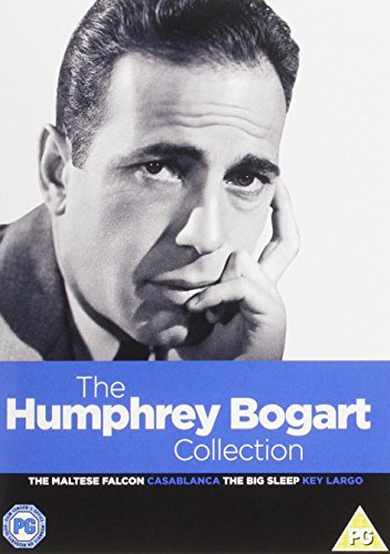 Black and white portrait of Humphrey Bogart on a DVD cover with blue banner.