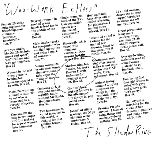 Vinyl record cover for "Shadow Ring - Wax-work Echoes" with classified ad collage.
