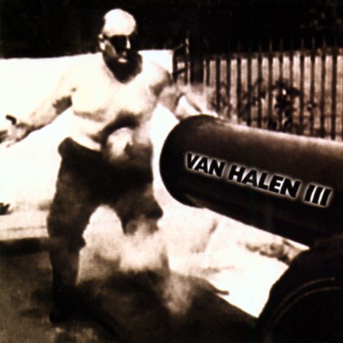 Black and white image of a man with a cannon labeled "Van Halen III".
