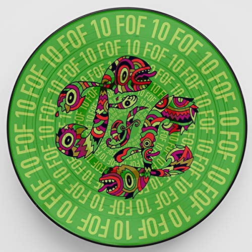 Green vinyl record with colorful, swirling snake and repeating "Fof10" text.