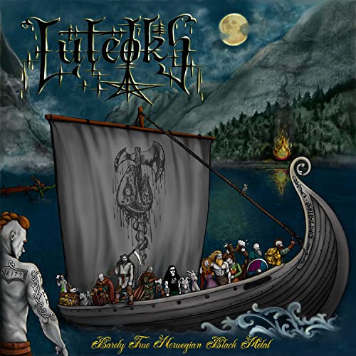 Viking ship with warriors sailing under a stormy sky, album cover.