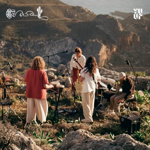 Band performing outdoors on a rocky mountainside, album cover.