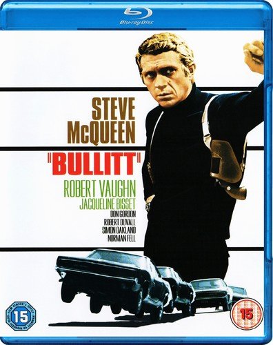 Blu-ray cover for Bullitt featuring Steve McQueen and cars in a police lineup style.