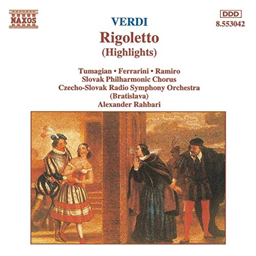 CD cover for Verdi’s Rigoletto (highlights) featuring a painted scene.