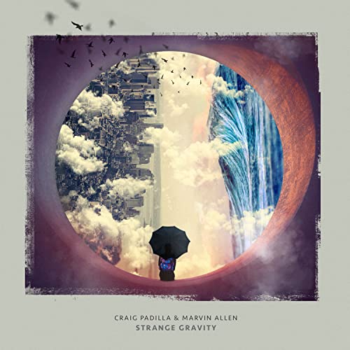 CD cover: city skyline, clouds, person with umbrella, birds flying.