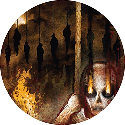 Dark, circular vinyl record art featuring a skull and hanging figures.