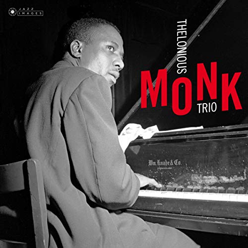 Black and white album cover featuring jazz pianist Thelonious Monk at a piano.