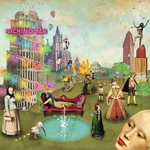 Surreal cityscape with figures, colorful structures, and a marching band title.
