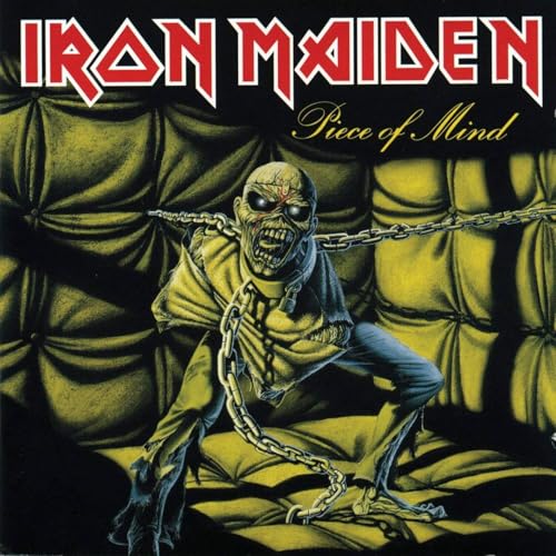 Iron Maiden “Piece of Mind” vinyl album cover with a chained figure.