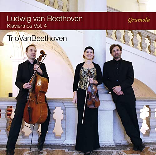 CD cover featuring three classical musicians with instruments on stairs.