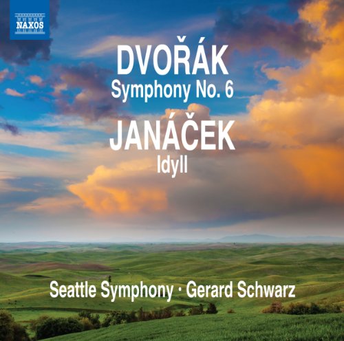 CD cover for Dvořák’s Symphony No. 6 and Janáček’s Idyll, landscape background.