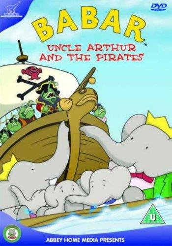 Babar the elephant and family on a boat facing a ship of green pirates.