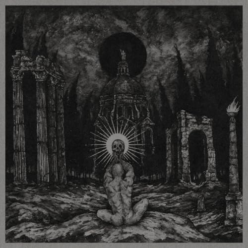 Black and white illustration of ruins, a skull, and a dark sun.
